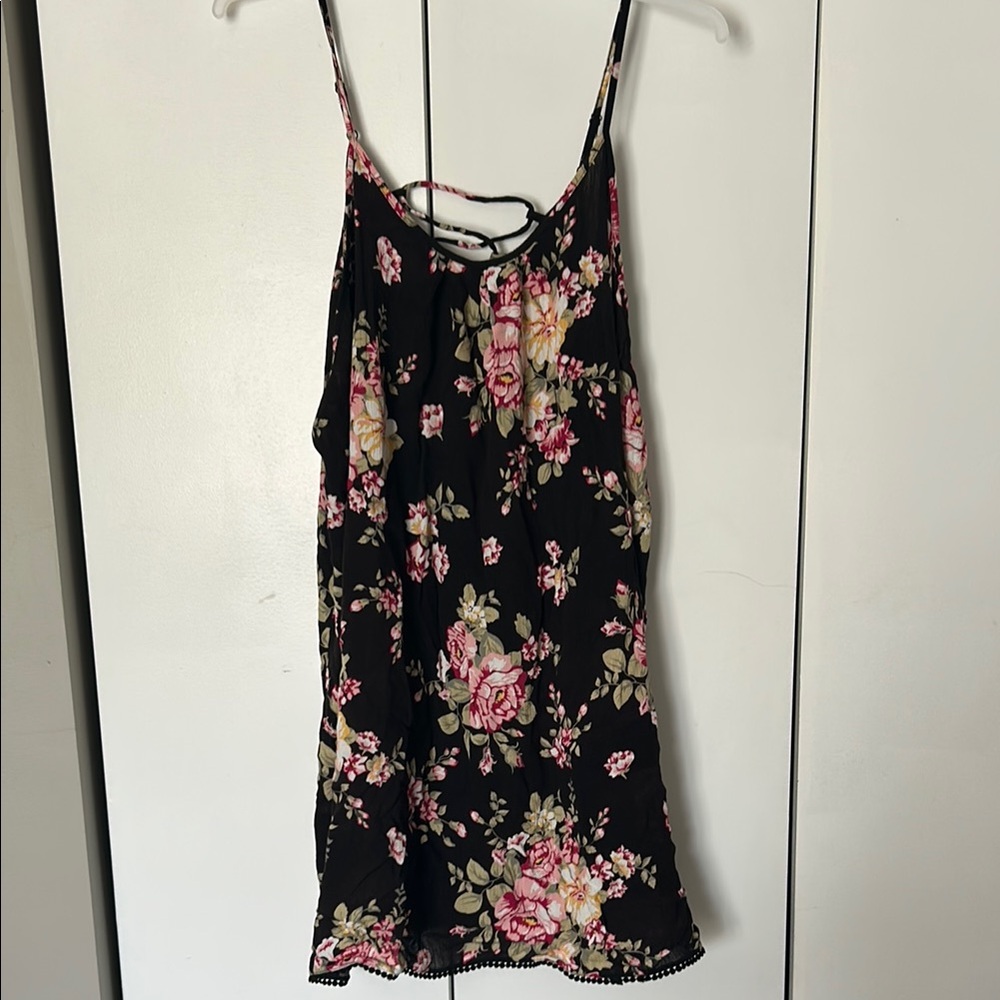 Floral Black Strappy Dress with Pom Pom Trim